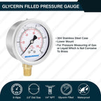 MEASUREMAN 2-1/2inch Dial Size, Glycerin Filled Pressure Gauge, 0-15psi/100kpa, 304 Stainless Steel Case, 1/4inch NPT Lower Mount