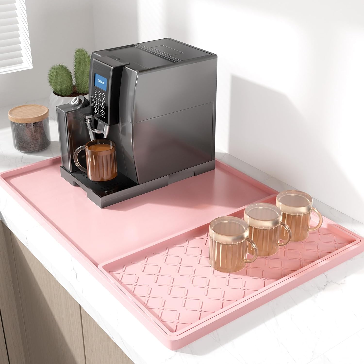 Rnivvi Silicone Coffee Mat, 16" x 24" Waterproof Raised Edge Coffee Bar Mats for Espresso Machine Station Accessories, Heat Resistant Detachable Dish Drying Pad for Kitchen Counter, Dish Rack, Pink