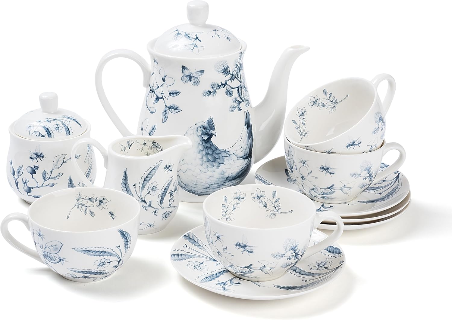 11-Piece Blue & White Collectible Chicken Floral Pattern Tea Set with Giftbox