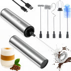 Rechargeable Milk Frother Handheld Electric Frother Wand Milk Foamer Drink Mixer for Coffee, Lattes, Cappuccino, and Egg, Stainless Steel for Travel-Silver