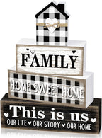 Farmhouse Wooden Tabletop Decor Rustic Home Sweet Home Table Centerpieces This Is Us Block Sign Black and White Buffalo Plaid Table Decor for Kitchen Shelf Desk Mantel Tiered Tray Decoration