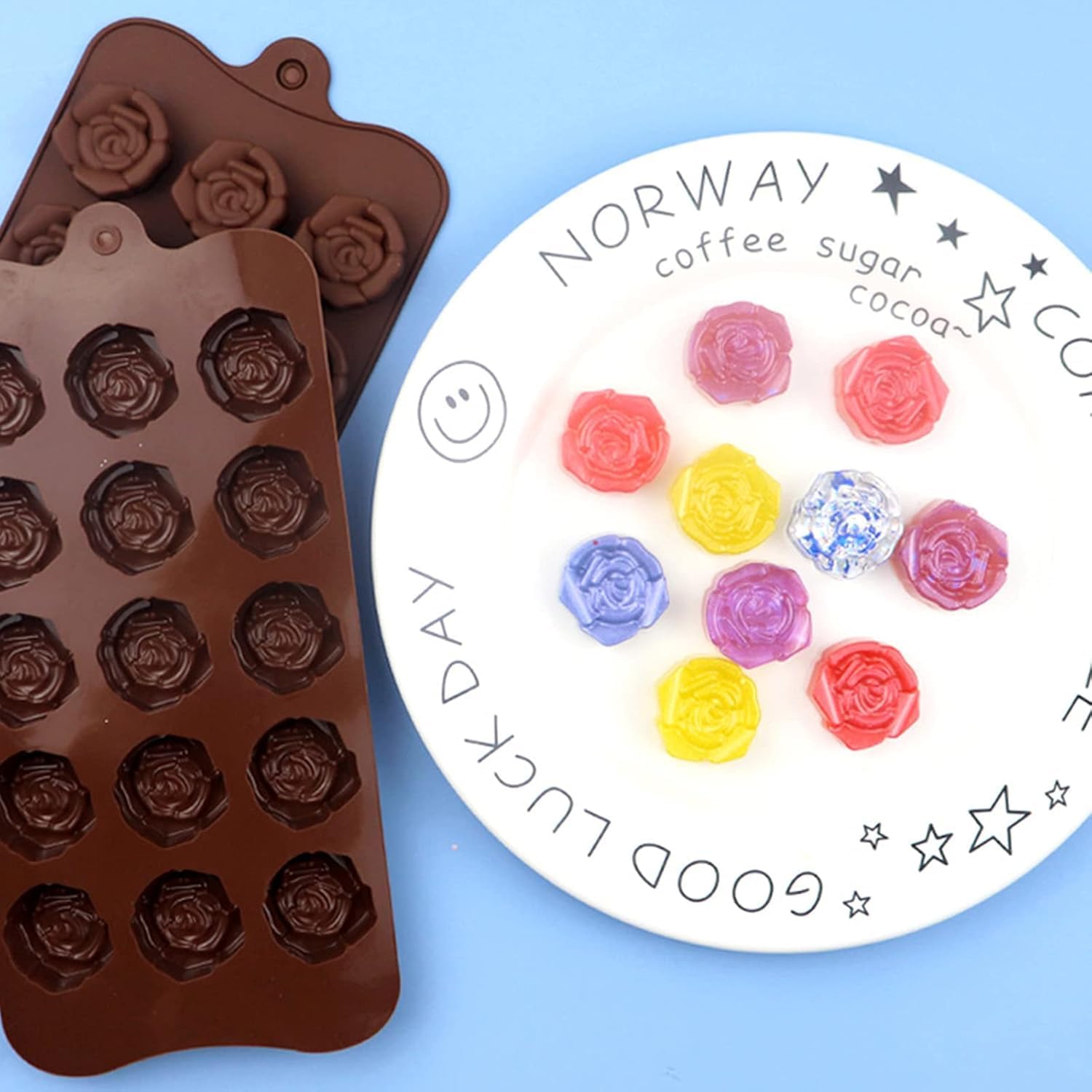 2PCS Rose Flower Chocolate Molds 15 Cavity Silicone Candy Molds Non-Stick Sweet Valentines Day Molds Gummy Ice Jelly Molds for Wax Melt Resin Casting Candles Soap