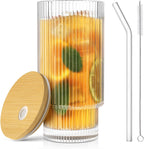 16 OZ Glass Cup with Lid and Straw, Vintage Ribbed Glassware for Whiskey Cocktail Beer, Iced Coffee Cups with Lid, Glass Tumbler with Straw and Lid (1 PACK)
