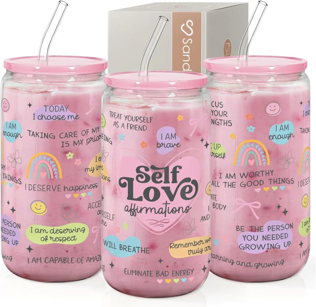 SANDJEST Inspiration Glass Can, Self Love Iced Coffee Aesthetic Cup, Gifts for Christmas Birthday, Gift for Women Girls, 16oz