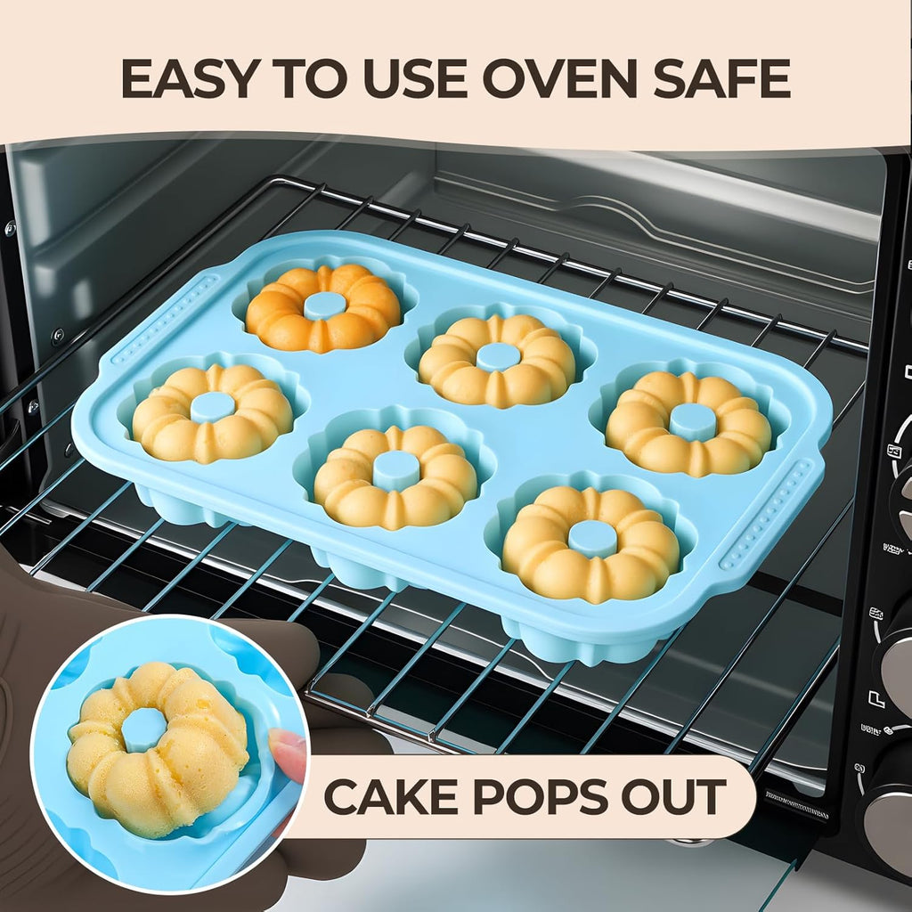 Mini Bundt Cake Pans for Baking, 2Pcs Silicone 6-Cavity Fluted Tube Cake Pan with Metal Reinforced Frame, Nonstick Baking Molds for Cupcake, Brownie, Donuts, Cornbread, Jello