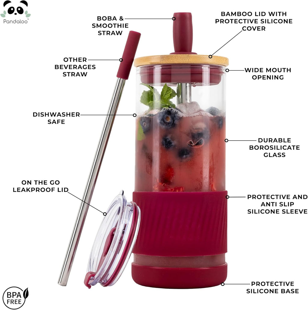 Pandaloo® Glass Cups With Lids and Straws -20 Fl Oz- Perfect Size Iced Coffee Cup - Smoothie Cup With Bamboo Lid and On the go Lid - Glass Tumbler With Straw (1 Count (Pack of 1), Boysenberry)