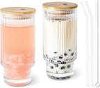 11oz Glass Tumbler with Straw and Lid Ribbed Vintage Iced Coffee Glasses for Tea Soda Cocktail Smoothie(Ribbed*2)