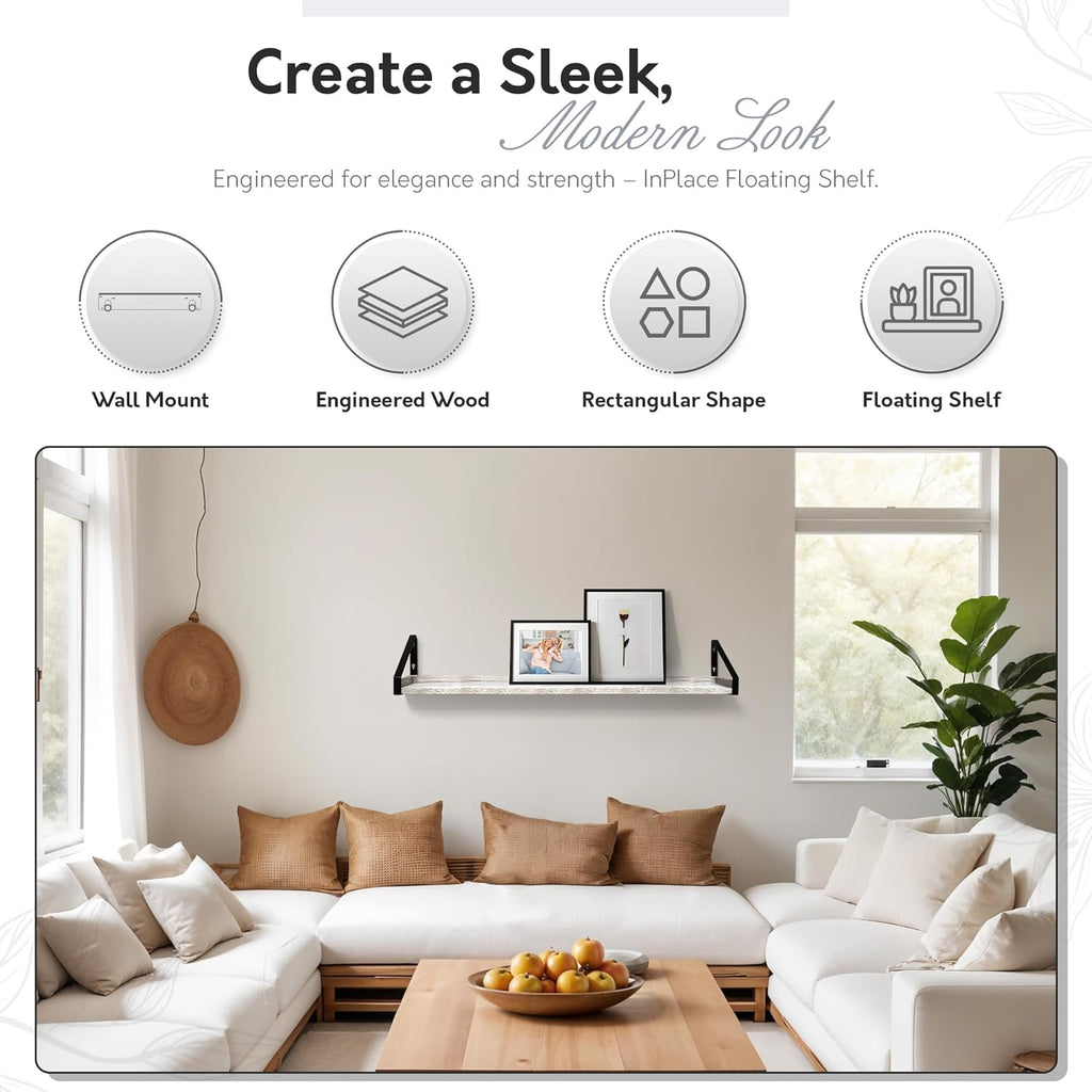 InPlace Shelving, 9602096E, Wall Mounted Real Wood Rustic Bracket Ledge, 24 Inch x 5 Inch x 6.1 Inch, Distressed White