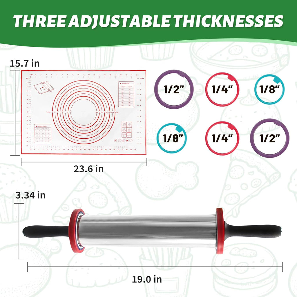 Rolling Pins,Rolling Pin and Silicone Baking Pastry Mat Set,Rolling Pins,Adjustable Stainless Steel Rolling Pin with Thickness Rings for Baking Dough,Pizza,Pie,Pasta(Red Mat)