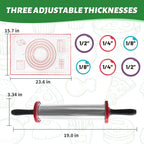 Rolling Pins,Rolling Pin and Silicone Baking Pastry Mat Set,Rolling Pins,Adjustable Stainless Steel Rolling Pin with Thickness Rings for Baking Dough,Pizza,Pie,Pasta(Red Mat)