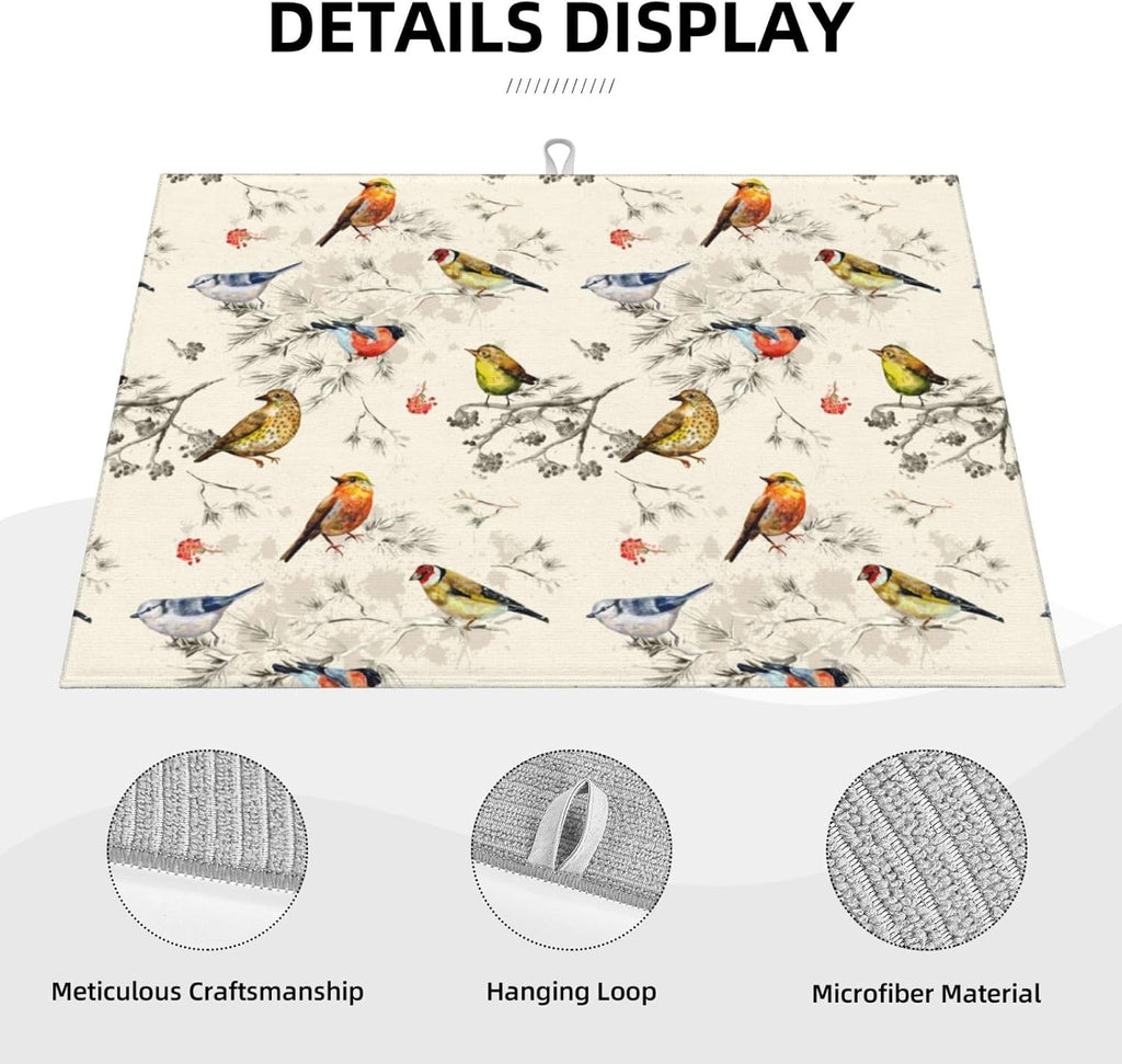 Spring Birds Dish Drying Mat Chinoiserie Watercolor Floral Branch Colorful Bird Microfiber Absorbent Drying Mats Reversible Kitchen Countertop Protector Dishes Drainer Rack Pad 18x24 Inch