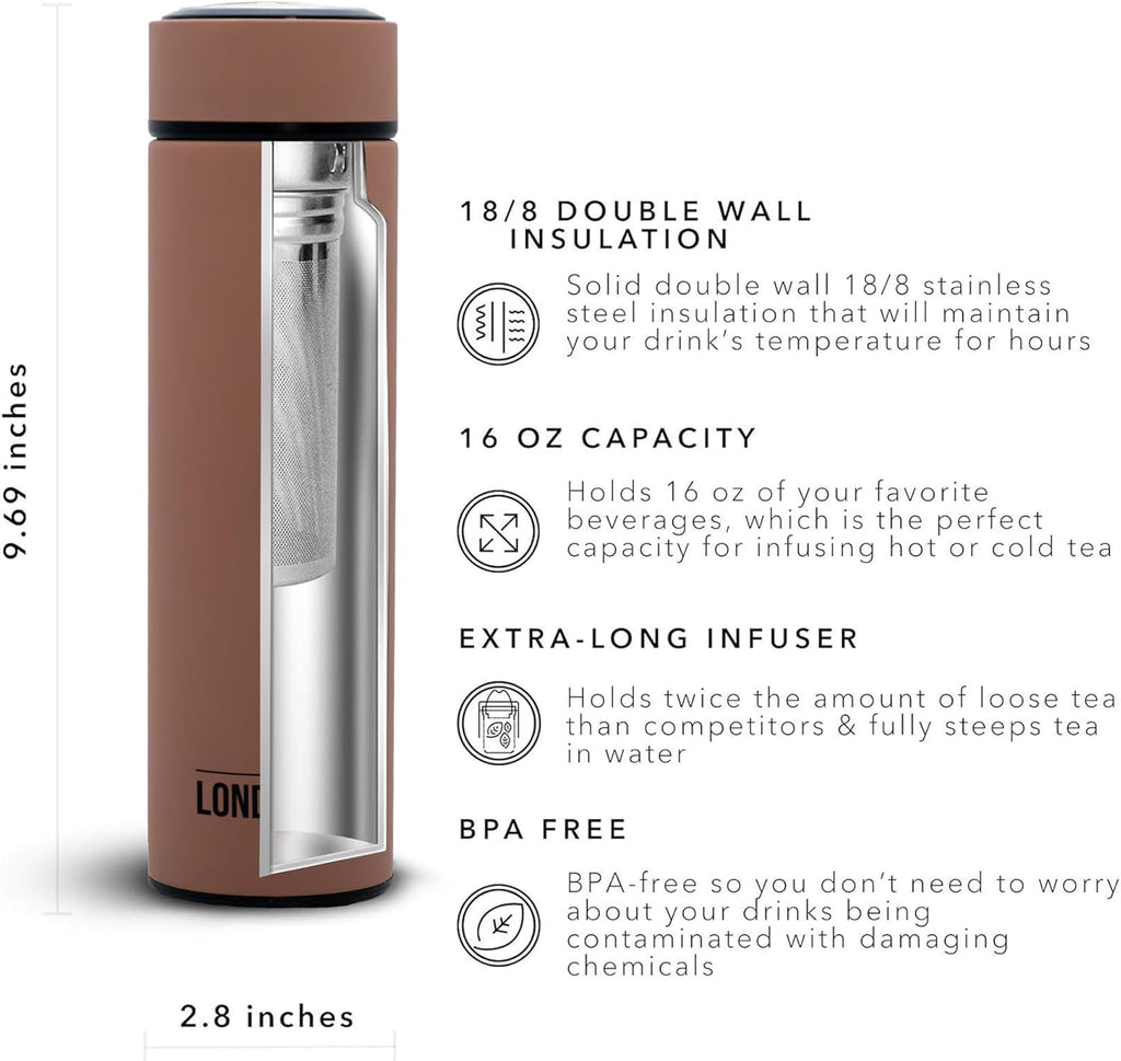 London Sip 16.9 oz Multi-Purpose Tea Infuser Mug – Fruit Infuser Water Bottle for Hot and Cold – Double Wall Stainless Steel Insulated, Mocha Brown