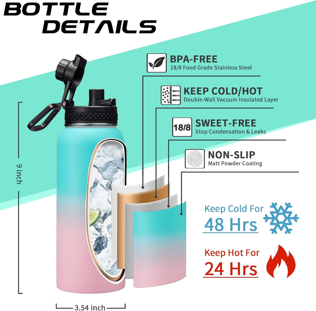 32oz Stainless Steel Water Bottle -w/Paracord Handle, Straw & Spout Lids, Bottle Sleeve, Reusable Metal Thermo Keep Cold-48h & Hot-24h, Wide Mouth Double-Wall Vacuum Flasks for Sports Fitness