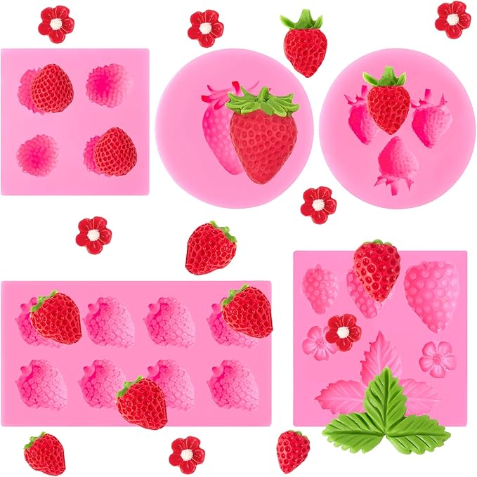 5 PCS Strawberry Baking Molds, Flowers Silicone Mold 3D Edible Strawberry Fruit Fondant Molds for Chocolate Candy Cupcake Cake Decoration Soap Wax Clay Resin Candle Making