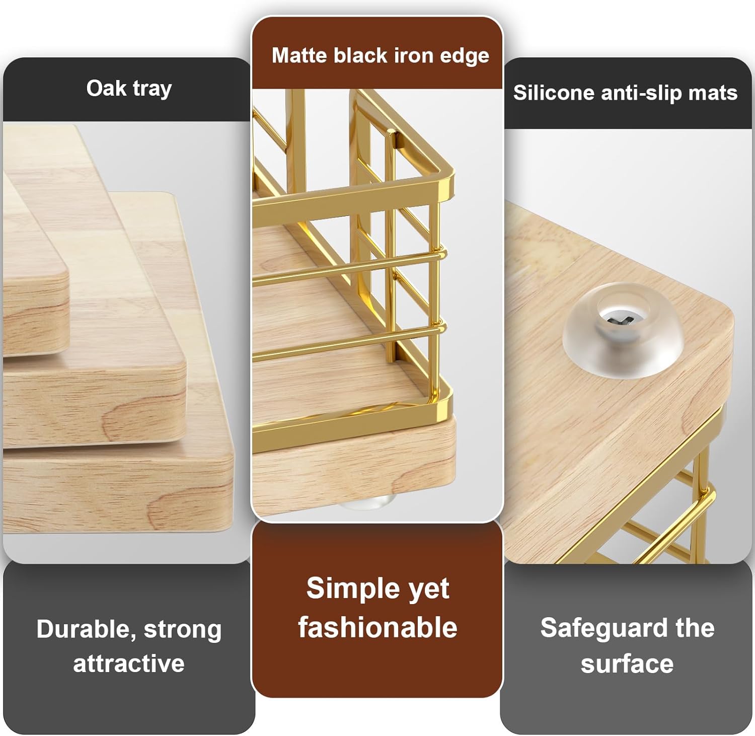 Wican Guest Towel Holder Tray for Bathroom, Oak and Iron Napkins Holder for Powder Room Dinning Table Wooden Basket for Disposable Paper Hand Towels Gold and Oak