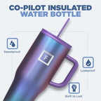 IRON °FLASK Co-Pilot Insulated Mug w/Straw & Flip Cap Lids - Cup Holder Bottle for Hot, Cold Drink - Leak-Proof - Water, Coffee Portable Travel Mug - Dark Rainbow, 32 Oz