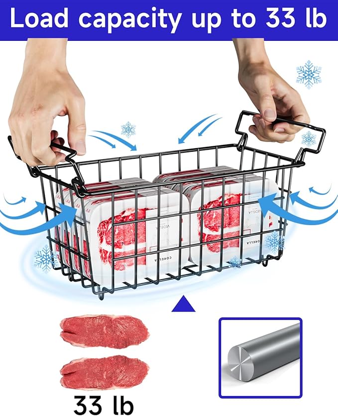 Freezer Organizer Bins - Fit 10 to 20 Cu.FT Deep Freezer, Stackable Chest Freezer Organizer Sort Frozen Food and Easily Get with Handle, 4 Pack Chest Freezer Bins, Black