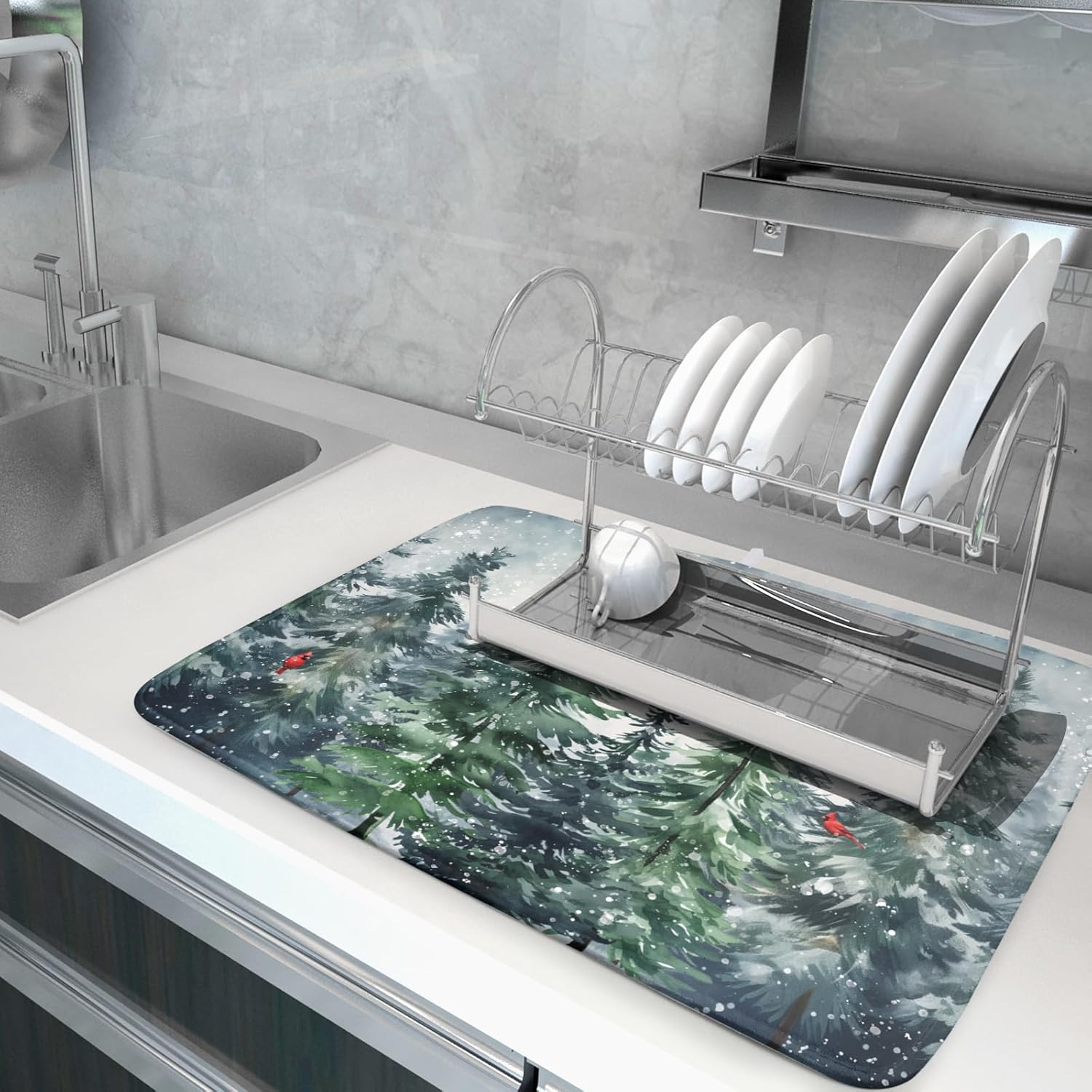 Christmas Tree Dish Drying Mat for Kitchen Counter Winter Pine Tree Dish Drying Mat 18x24 Inch Red Bird Christmas Dish Draining Mat Absorbent Reversible Dish Pad Kitchen Accessories Table Protector