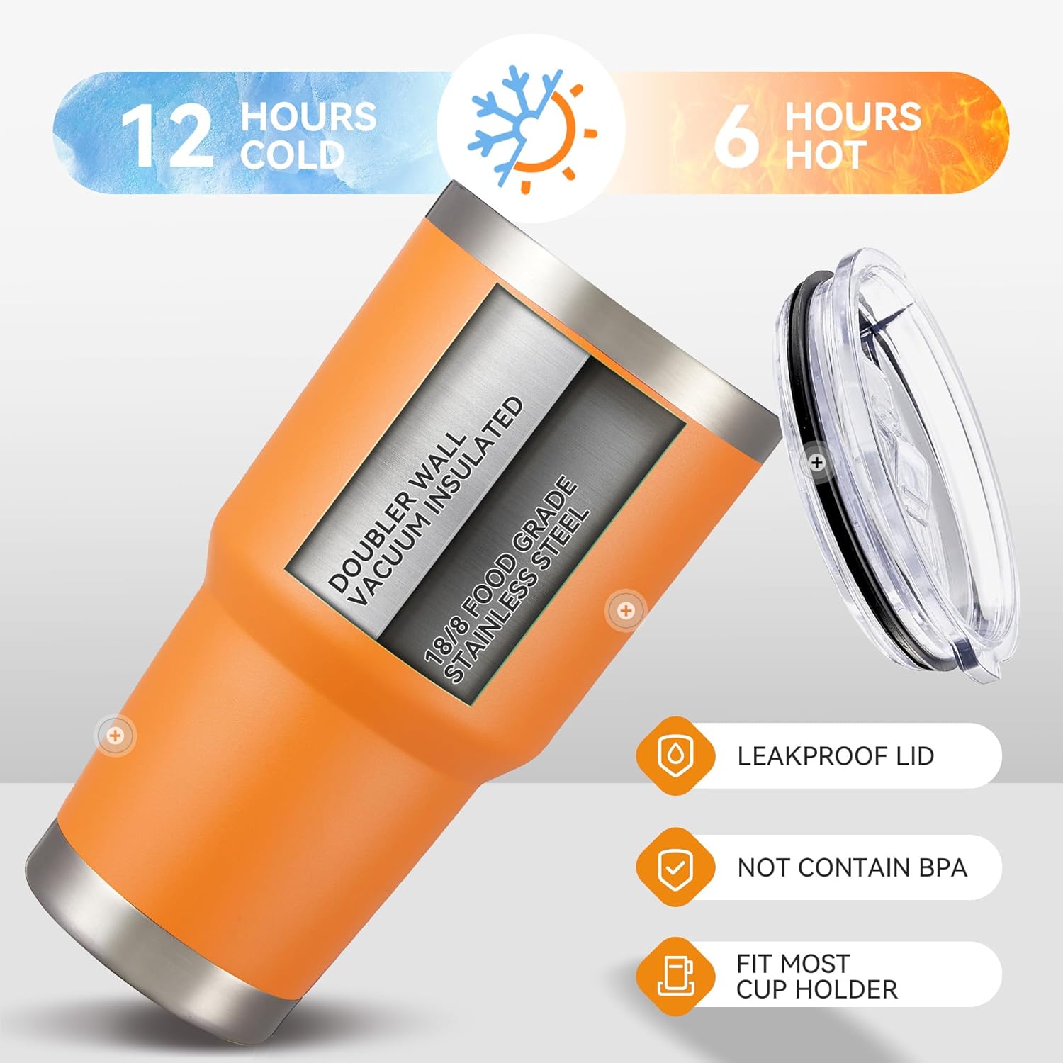 30 oz Tumbler with Lid Stainless Steel Tumblers Vacuum Insulated Cup Reusable Powder Coated Travel Mug Double Wall Leak Proof Portable Cups Keep Cold Drinks for 12 Hours, Orange, 1 Pack