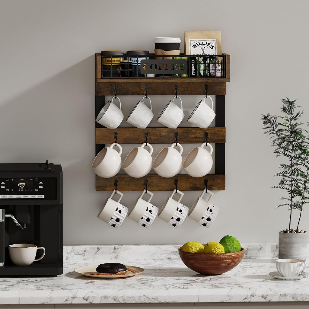 YINMIT Coffee Mug Holder Wall Mounted, Wood Mug Racks with 12 Hooks, Coffee Cup Holder for Wall with Storage Shelf, Cups Rack for Home, Kitchen