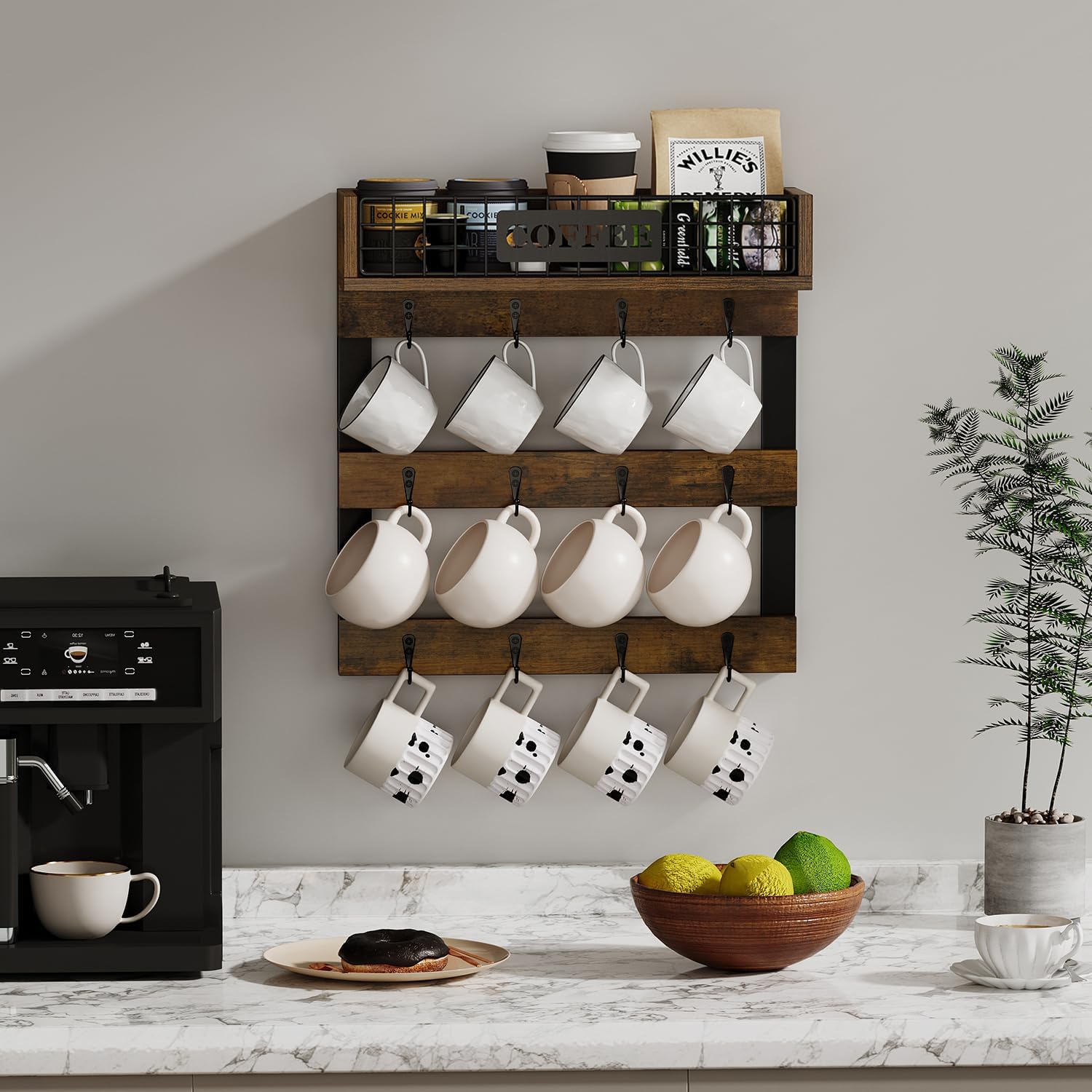 YINMIT Coffee Mug Holder Wall Mounted, Wood Mug Racks with 12 Hooks, Coffee Cup Holder for Wall with Storage Shelf, Cups Rack for Home, Kitchen