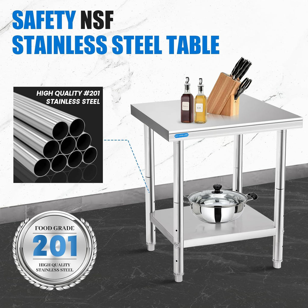 Stainless Steel Table for Prep & Work with Undershelf 24 x 24 Inches NSF Metal Commercial Kitchen Prep Table with Adjustable Under Shelf Worktable for Restaurant Home Outdoor