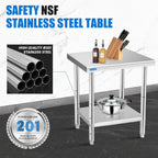 Stainless Steel Table for Prep & Work with Undershelf 24 x 24 Inches NSF Metal Commercial Kitchen Prep Table with Adjustable Under Shelf Worktable for Restaurant Home Outdoor