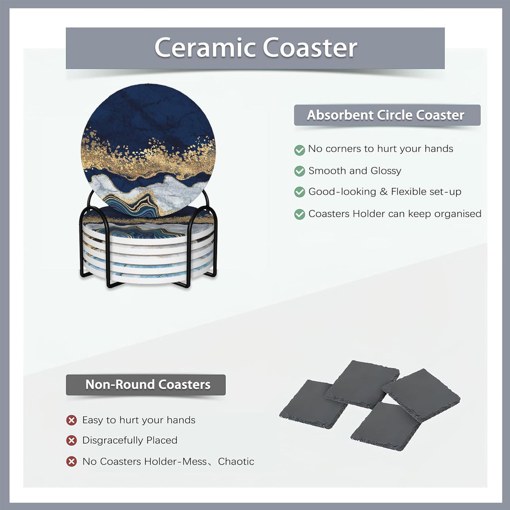 6 Pcs Coasters for Drinks with Holder,Blue Gold Marble Absorbent Coaster with Cork Backing,Great Gift for Housewarming,Room Decor,Bar,Holiday Party