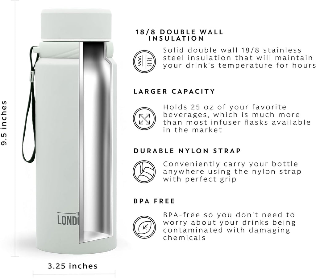 London Sip 25 oz Multi-Purpose Tea Infuser Mug – Fruit Infuser Water Bottle for Hot and Cold – Double Wall Stainless Steel Insulated, Pearl White