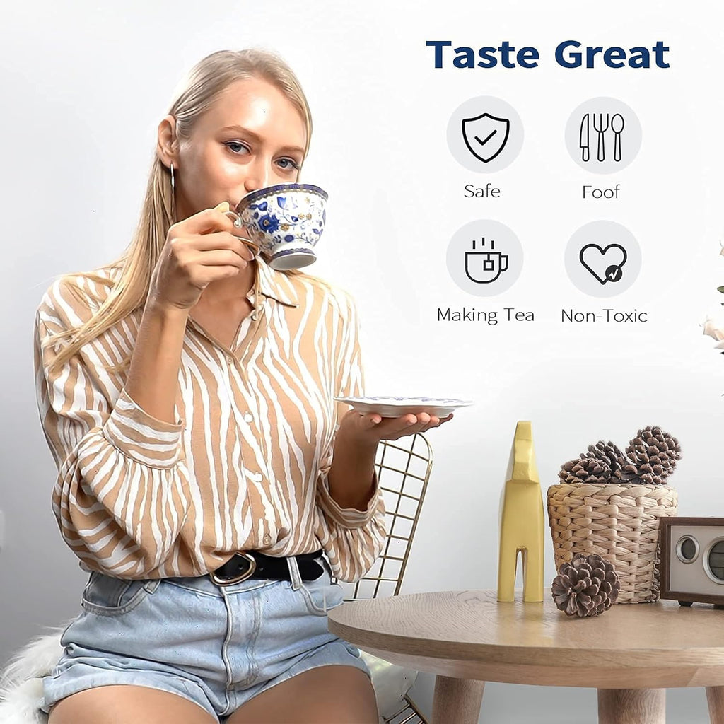 ACMLIFE Bone China Tea Cups and Saucers, 6.8 oz Tea Cup and Saucer Set, with Gold Trim and Gift Box, Blue and White (Blue-D)