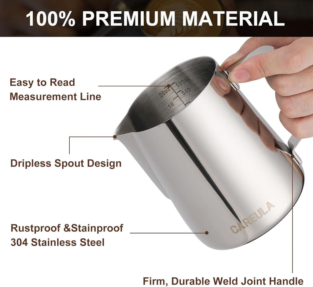 Milk Frothing Pitcher, 20oz Stainless Steel Milk Frother Cup Steaming Pitcher, Coffee Bar Cappuccino Espresso Machine Accessories Barista Tools, Metal Pitcher Milk Jug with Decorating Latte Art Pen