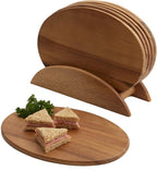 6 Acacia Wood Serving Boards with Stand, Perfect for Serving, Sushi, Cheese, Hors d'oeuvre, Charcuterie, Sandwiches by Woodard & Charles, 7 Piece Set, 9 1/2" x 6 1/2" ★★PACK OF 10★★