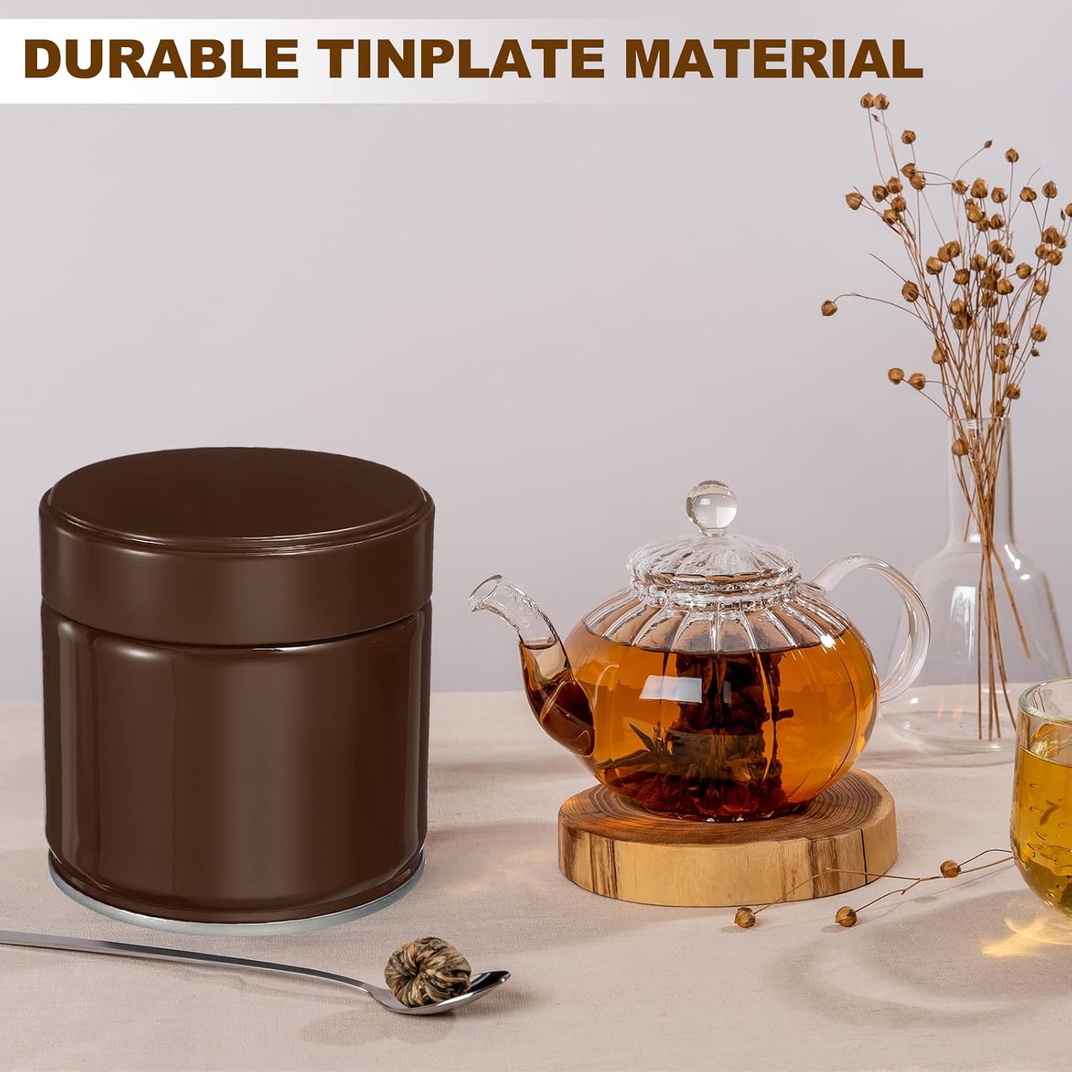 uxcell 2Pcs Round Tea Canisters, 3" x 3" Airtight Metal Tea Containers for Loose Tea, Coffee Beans, Spices - Durable, Compact, and Stylish Storage Tea Tin (Brown)