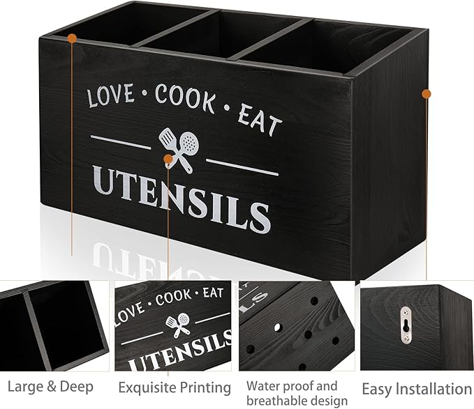 Kitchen Utensil Holder with 3 Compartments, Rustic Wooden Storage Organizer Box Vintage Cutlery Farmhouse Flatware Utensil Caddy Countertop for Silverware Fork Spoon Spatula