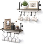 Olakee Floating Wall Shelves for Bathroom Kitchen Coffee Nook with 10 Adjustable Hooks for Mugs Cooking Utensils or Towel Rustic Storage Shelves Set of 2/17x5.9 inch (Weathered Grey)
