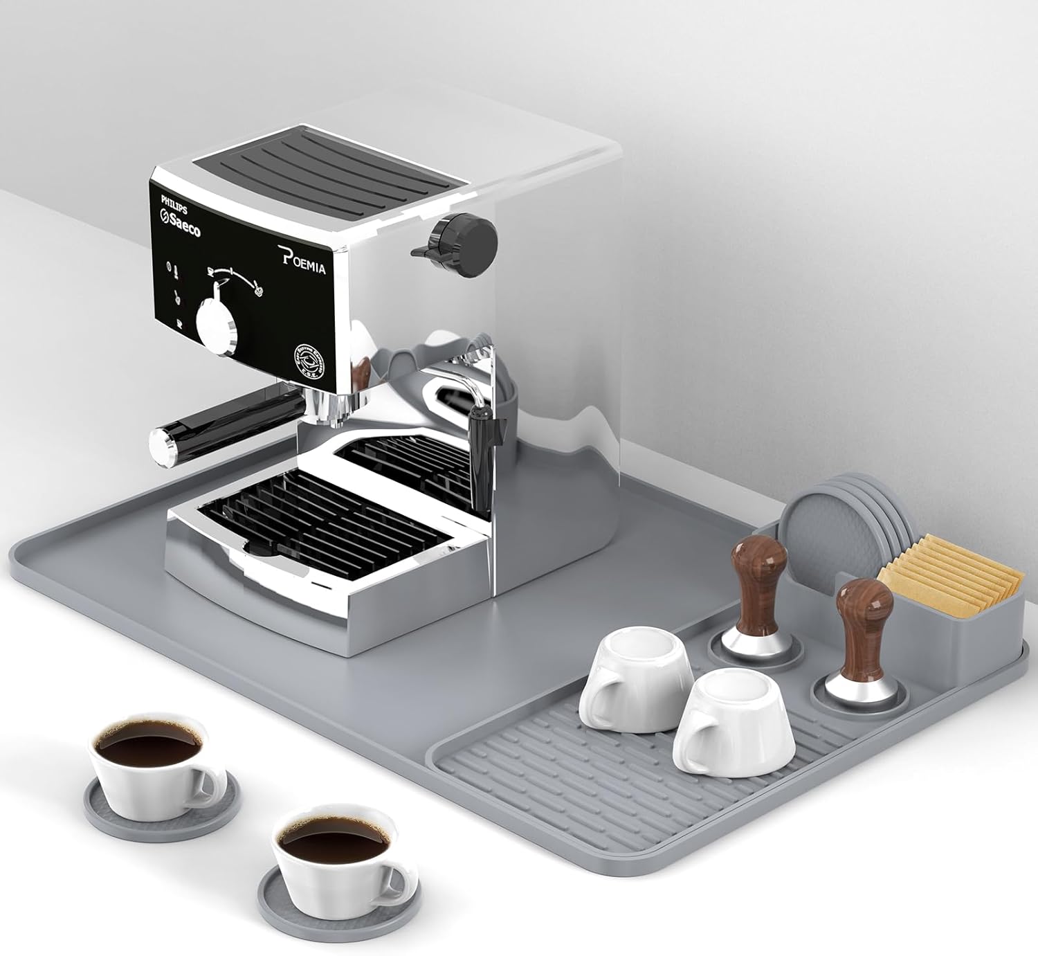 Silicone Coffee Mat with 6PCS Coasters,24''x16'' Kitchen Bar Accessories Fits Under Coffee Maker and Pot,Espresso Machine,Detachable Dish Drying Mat for Tamper,Sugar Packets,Cups,Countertop Protection