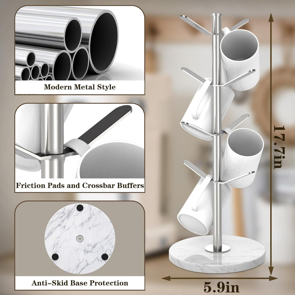 Marble Mug Holder Tree with 8 Hooks, Stainless Steel Coffee Cup Holder, Non-Slip Silicone Pads, Heavy Duty Marble Base, Countertop Organizer for Kitchen & Cafe, Silver