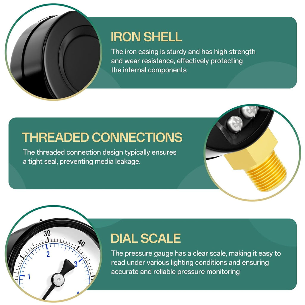 0-60psi Well Pump Pressure Gauge 1/4" NPT 2" Face Dial Size Lower Mount, Multifunctional Practical Dry Pressure Gauge, for Water, Oil and Air Compressor