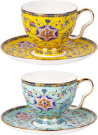 KAMMAK Tea Cups and Saucers Set of 2, Porcelain Coffee Cups with Saucer for Espresso, Cappuccino, 7.5oz Vintage Yellow and Blue Ceramic Demitasse Mug for Home, Tea Party, Office