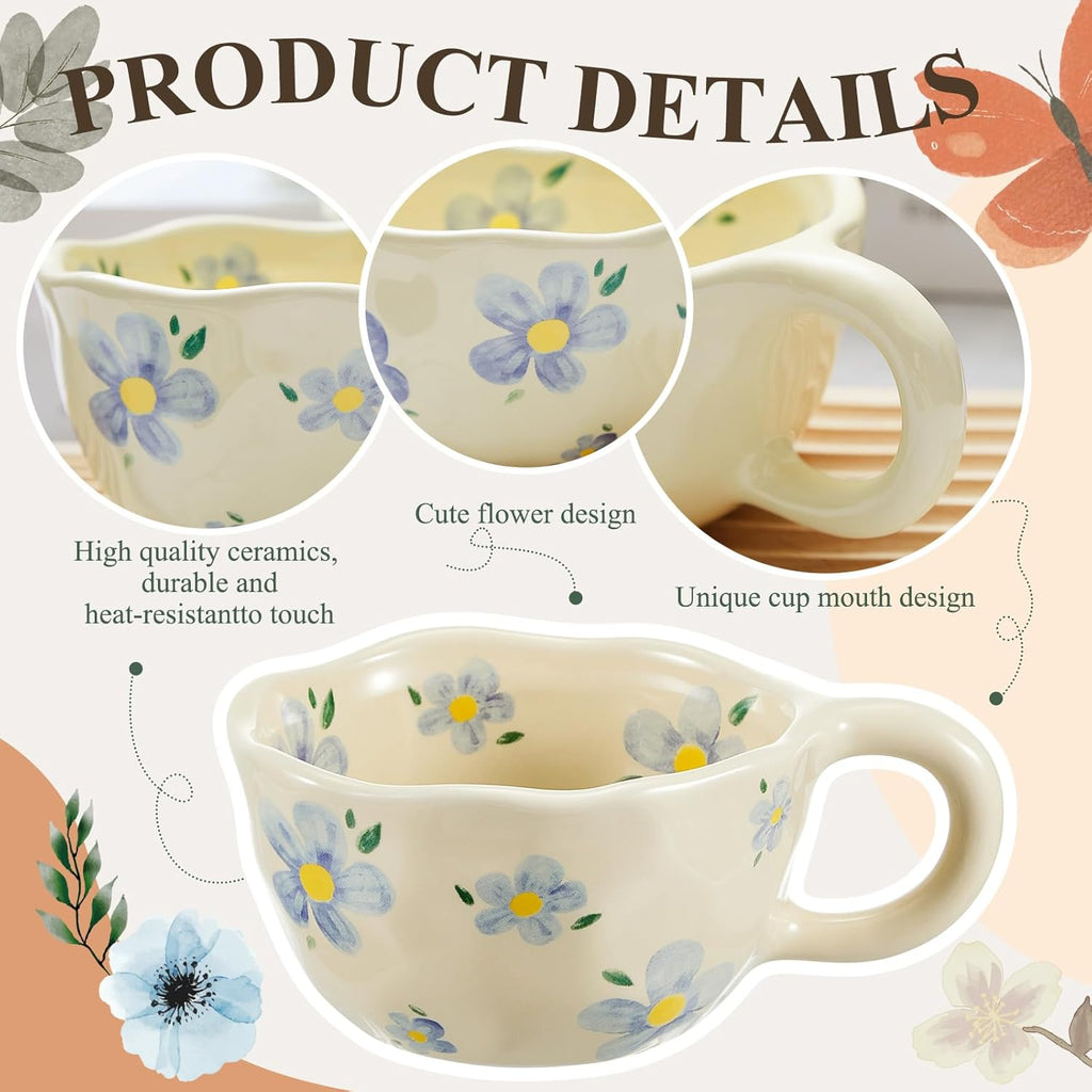 Vesici 2 Pcs Ceramic Coffee Mugs Flower Cups with Spoon Vintage Floral Mugs with Handle 8.5 oz Aesthetic Tea Porcelain Cup Gift for Valentine Office Home, Dishwasher and Microwave Safe(Lovely)
