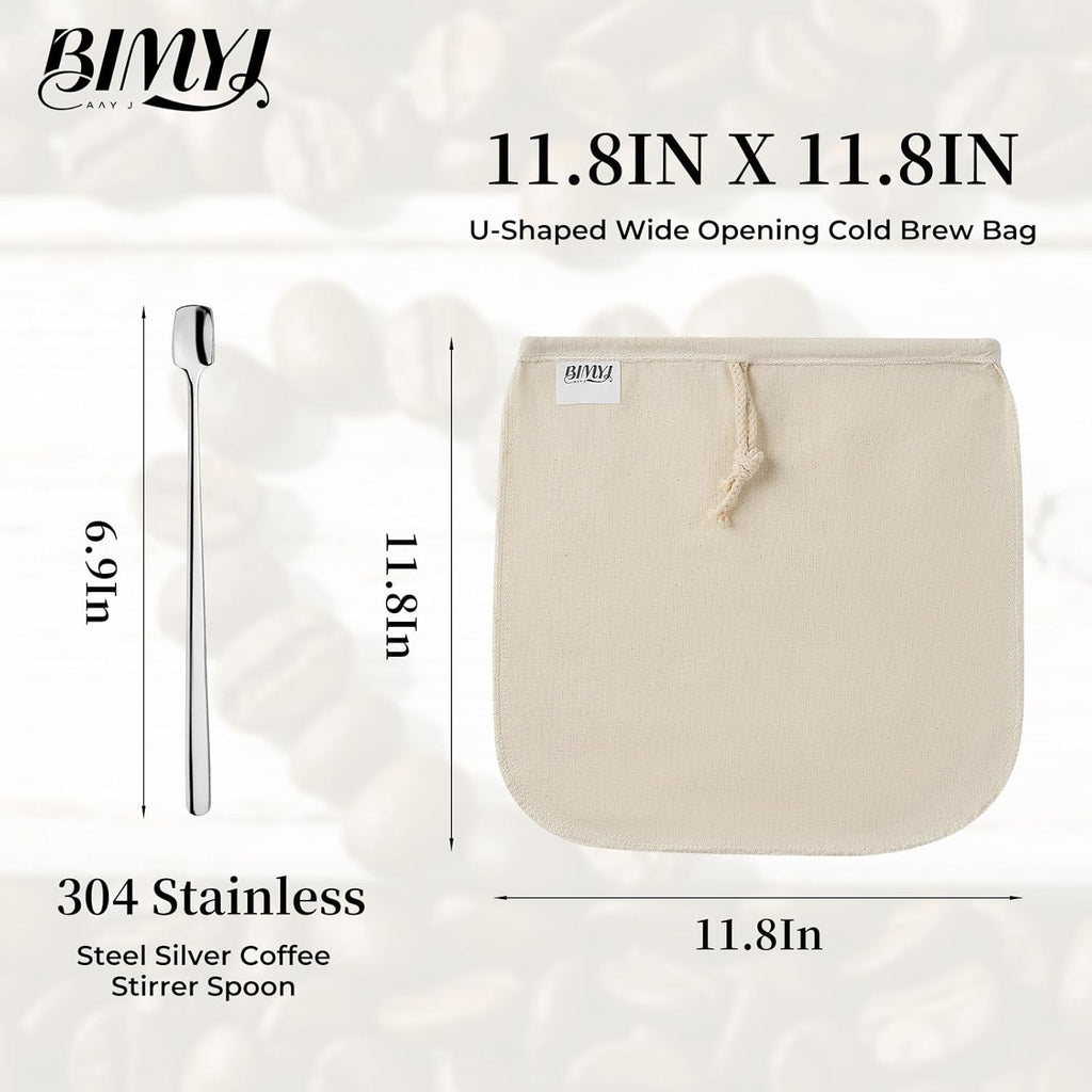 Reusable Cold Brew Bags & Cold Brew Coffee Bags Reusable - for Toddy Systems |11.8 inch Large 100% Natural Organic Cotton Cold Brew Filter Bags 2-Pack + 2 Bonus 304 Silver Spoons
