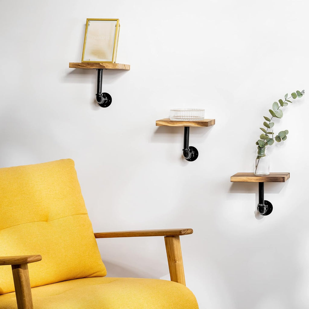 Navaris Industrial Pipe Shelf Set - 3 Small Wooden Shelves with Black Pipe Brackets - 5.9" x 7.9" Wall-Mounted Wood Shelving - Size S, Burnt Brown