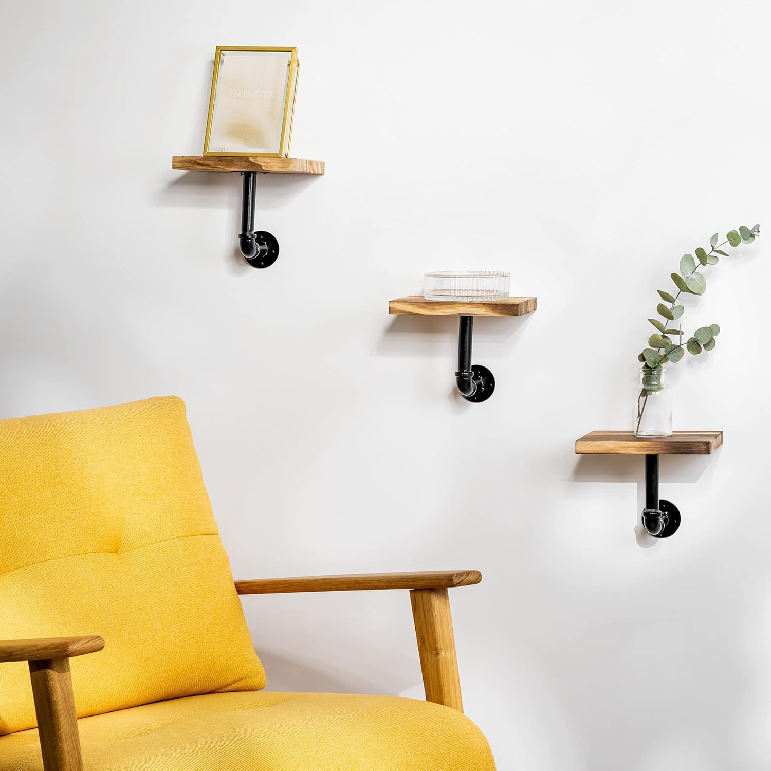 Navaris Industrial Pipe Shelf Set - 3 Small Wooden Shelves with Black Pipe Brackets - 5.9" x 7.9" Wall-Mounted Wood Shelving - Size S, Burnt Brown