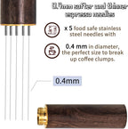 Espresso Coffee Stirrer, Espresso Distribution Tool Coffee Stirring Tool,Professional Barista Hand Needle Type Distribution Tool 5 Needles 0.4mm Natural Wood Handle and Stand