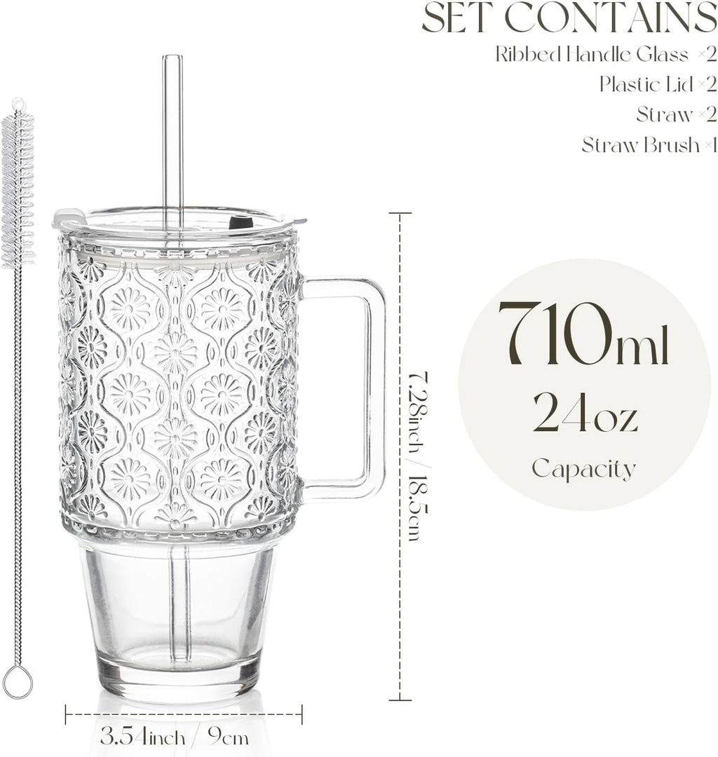 KEMORELA 2 Pack 24oz Glass Tumbler with Straw and Lid - Iced Coffee Cups with Handle, Reusable Smoothie Cup for Cold Drinks, Begonia Pattern, Dishwasher Safe