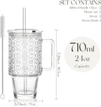 KEMORELA 2 Pack 24oz Glass Tumbler with Straw and Lid - Iced Coffee Cups with Handle, Reusable Smoothie Cup for Cold Drinks, Begonia Pattern, Dishwasher Safe