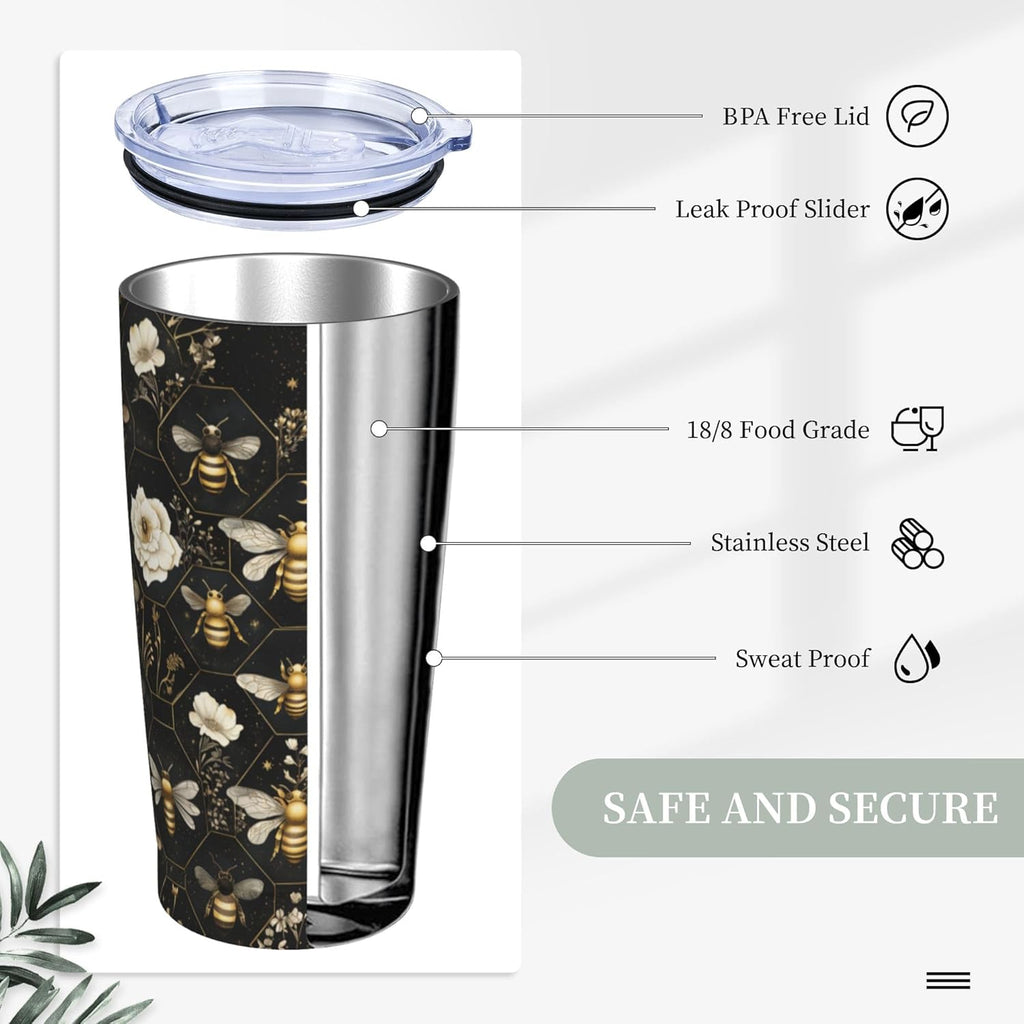 Bee Tumbler with Lid and Straw 20oz Coffee Tumblers Leakproof Stainless Steel Travel Mug Vacuum Insulated Cup for Iced and Hot