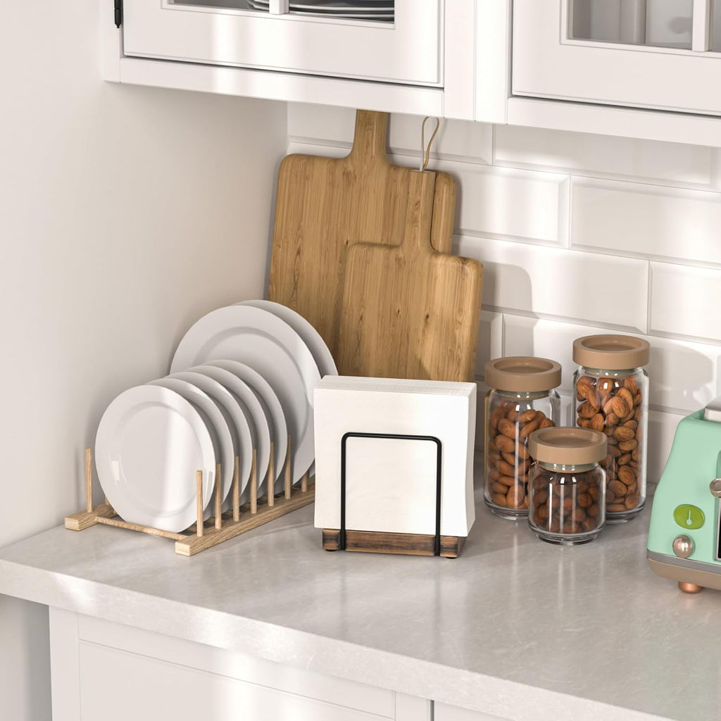 Napkin Holder for Table, Wood Iron Standing Napkin Dispenser for Dining Table Farmhouse Cocktail Picnic Rustic Wooden Holders All Kitchen Dining Room Decor Black & Farmhouse Brown