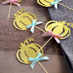 24pcs Pumpkin Gender Reveal Cupcake Toppers - Baby Shower Girl or Boy Party Decorations Supplies, Pumpkin Food Pick (Blue and Pink Bow)