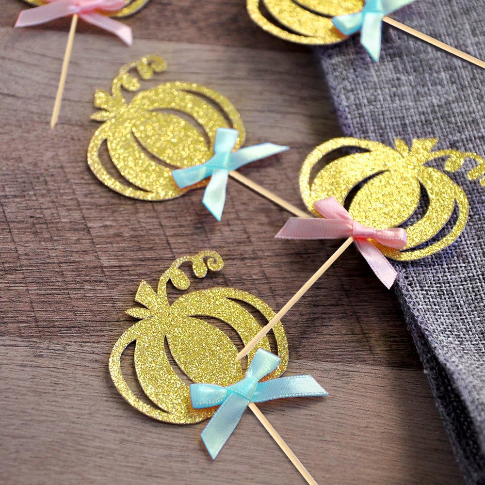 24pcs Pumpkin Gender Reveal Cupcake Toppers - Baby Shower Girl or Boy Party Decorations Supplies, Pumpkin Food Pick (Blue and Pink Bow)